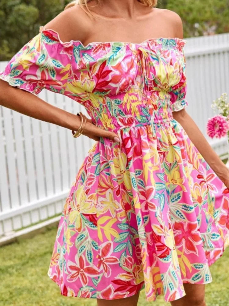 

Fashion Print Dress Lady Casual Short Sleeve High Waist Loose Mini Dresses For Women Elegant Holiday Party Skirt Summer New 2025