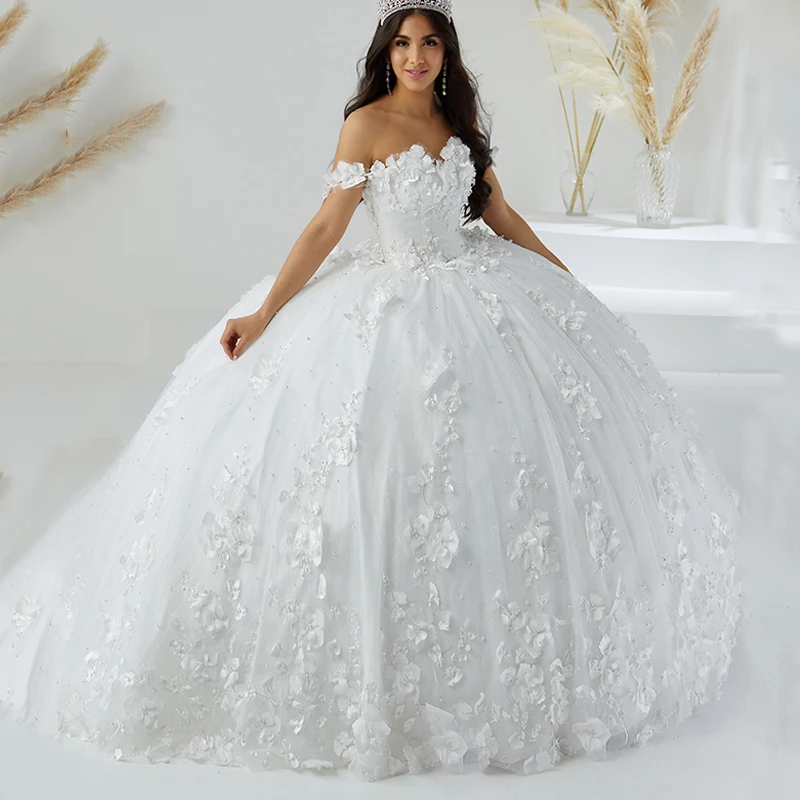 Doymeny Off Shoulder 3D Flowers Quinceanera Dress Perals Sweep Tulle Vestidos De 15 Años Birthday Prom Dresses فساتين