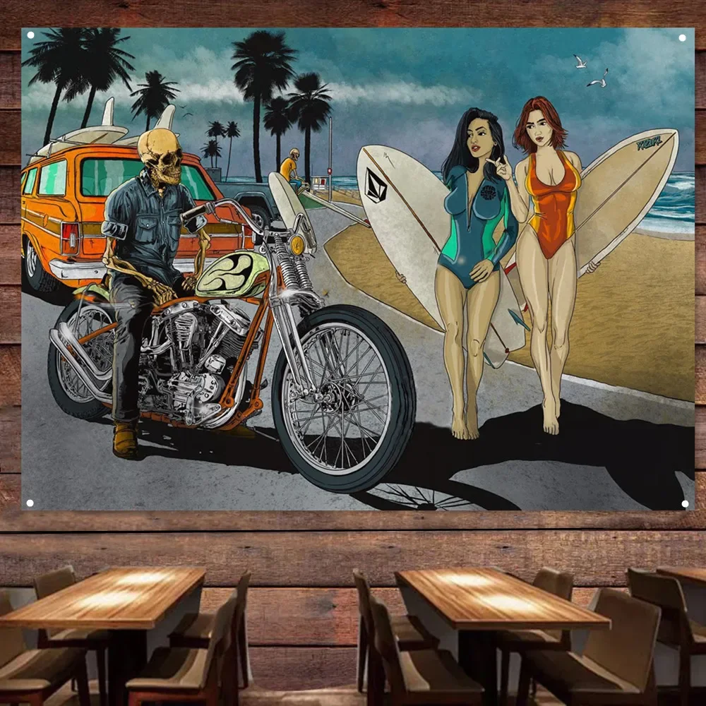 Skeleton Surfer beauty Motorcycle Art Poster Wall Hanging Painting Garage Flag Auto Repair Shop Gas Station Wall Decor Banners