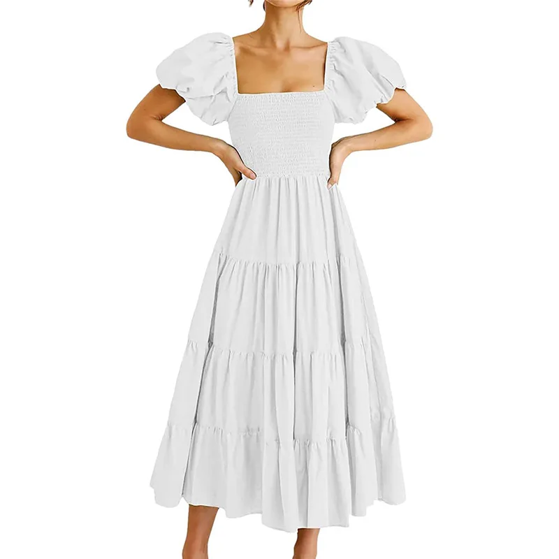 Abito lungo da donna a maniche corte con sbuffo estivo, collo quadrato, smock, volant a strati, linea ad A, abiti da spiaggia lunghi e fluidi