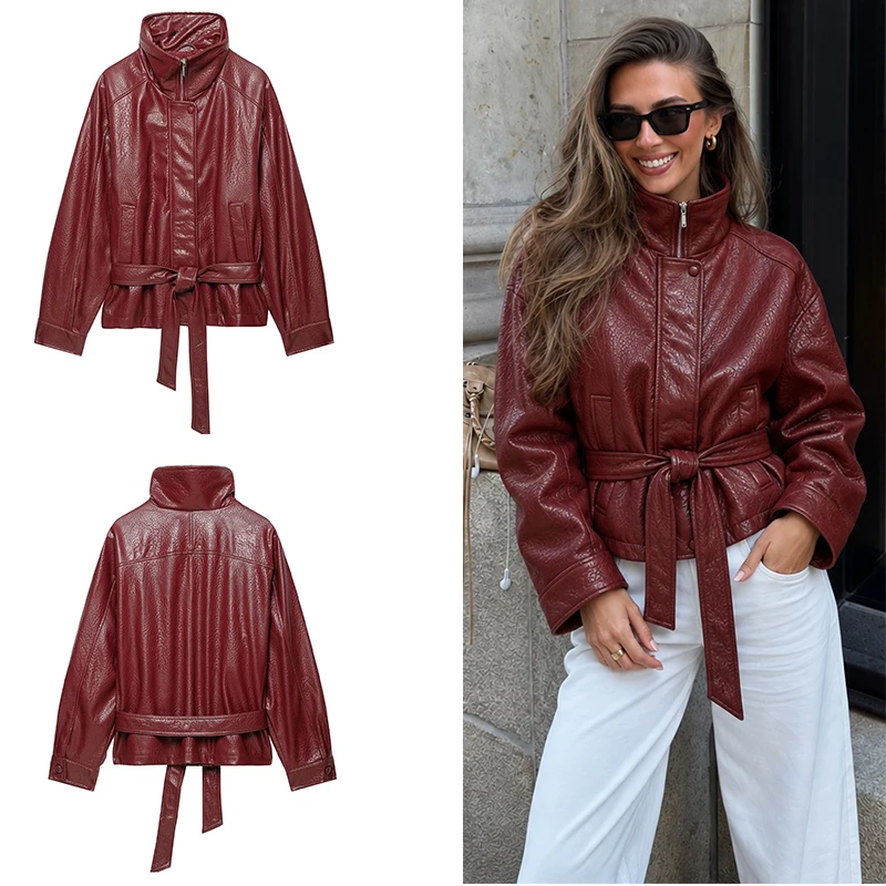 Guobioziy 2026 Autumn Stand Collar Zipper Belt Jacket Vintage Fashion Casual Street Commuting Stylish and Comfortable Versatile