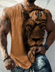 Men's Tank Top Sleeveless T Shirt Patterned Animal Lion Crew Neck Clothing 3D Prints Everyday Sports Fitness Muscle Elements