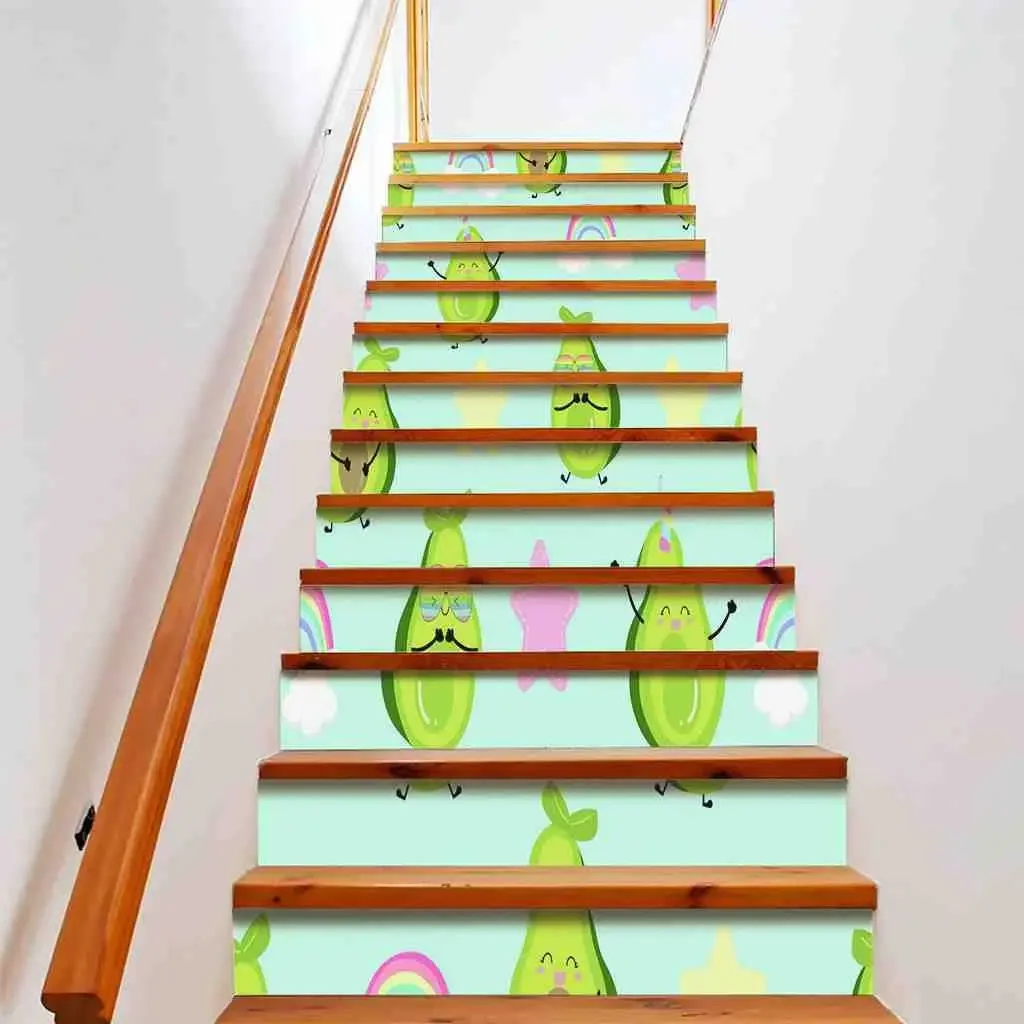 Green Avocado Stair Stickers Funny Fruit Plant Staircase Sticker Decals Cartoon Pentagram Stairs Risers Stairway Decor Murals