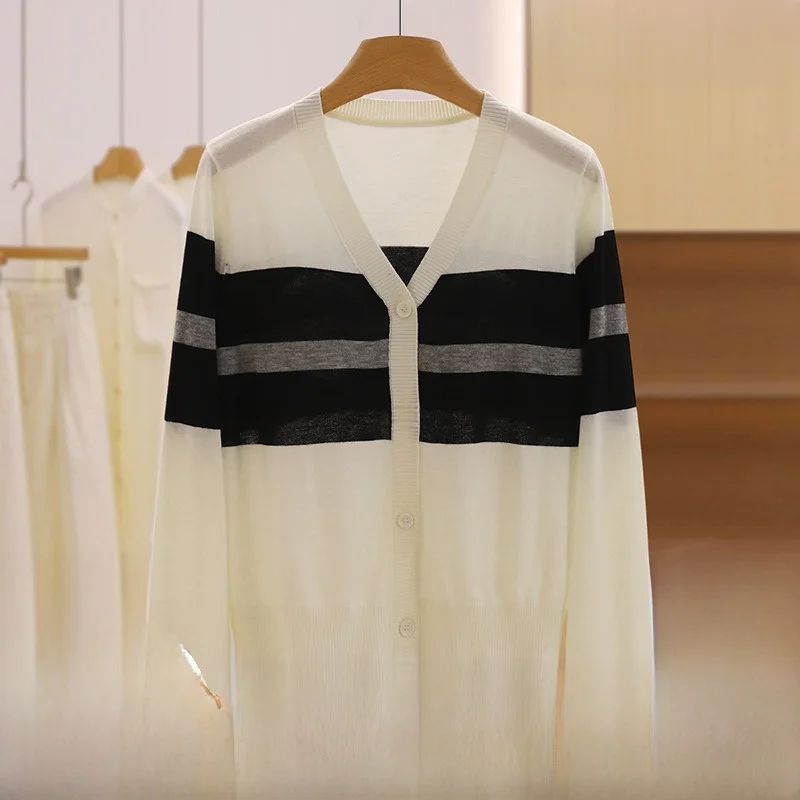 Faionable Casual Loose V-Ne Color Blo Sweater Cardigan Women's Autumn Top by Yao Multifaceted Designs Polyester Wool Blend