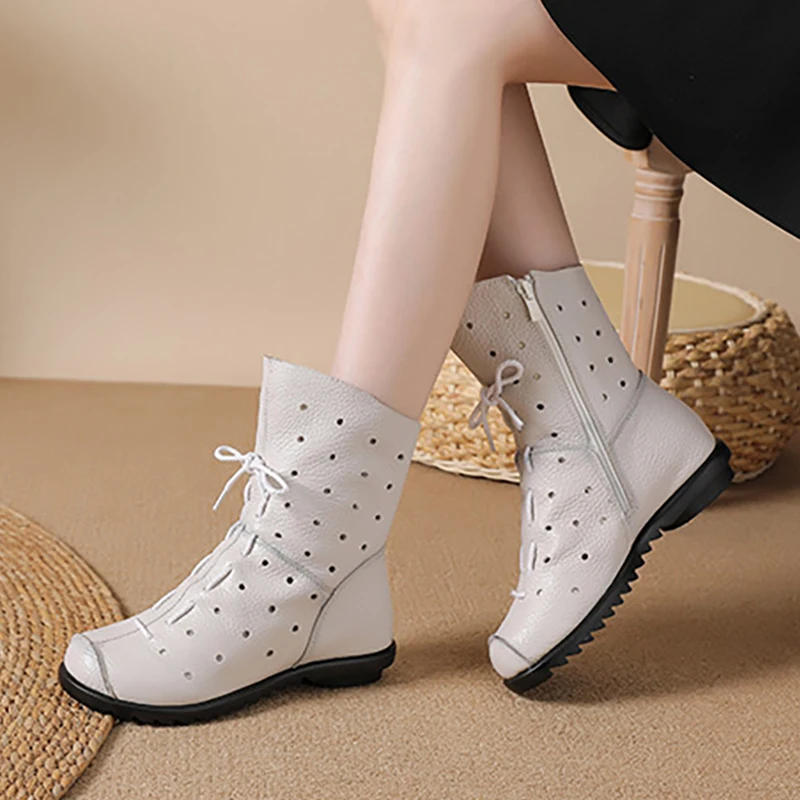 Weiße, halbhohe Damen-Lederstiefel mit Hohlmuster, dünn, atmungsaktiv, weiche Sohle, Obermaterial aus Rindsleder, runde Zehenpartie, seitlicher Reißverschluss – Detail 4