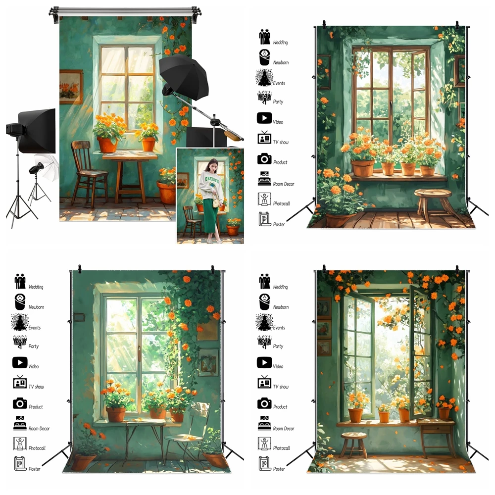 خلفية التصوير الفوتوغرافي الريفية 2026 نمط اللوحة الزيتية: الأخضر الطازج فناء شرفة الزهور فتاة صورة خلفية الصورة #1
