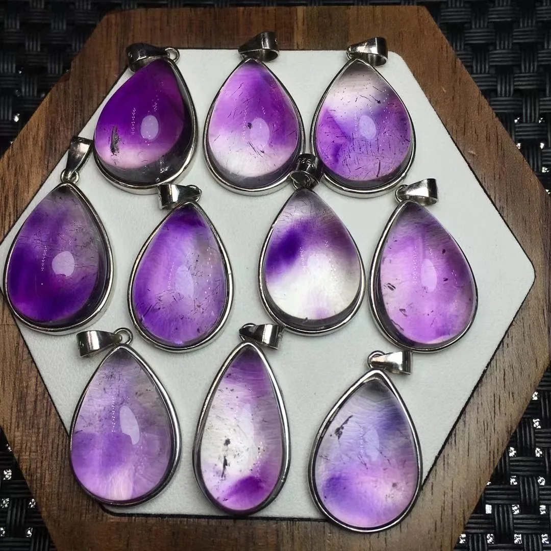 

1 Pc Fengbaowu Natural Purple Phantom Quartz Super 7 Water Drop Pendant 925 Sterling Silver Fashion Jewelry Gift For Women