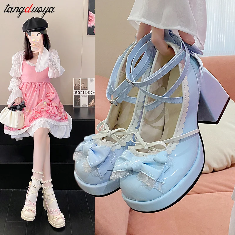 Líbezný luk lolita boty ženy kawaii sladké kotník řemen maria janes boty ženy elegantní výtvarník cosplais boty y2k vysoký podpatky