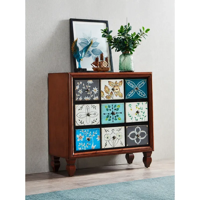 American Style Three Tier Solid Wood Cabinet Retro Painted Walnut Drawer Storage Unit for Living Room Entrance Hallway