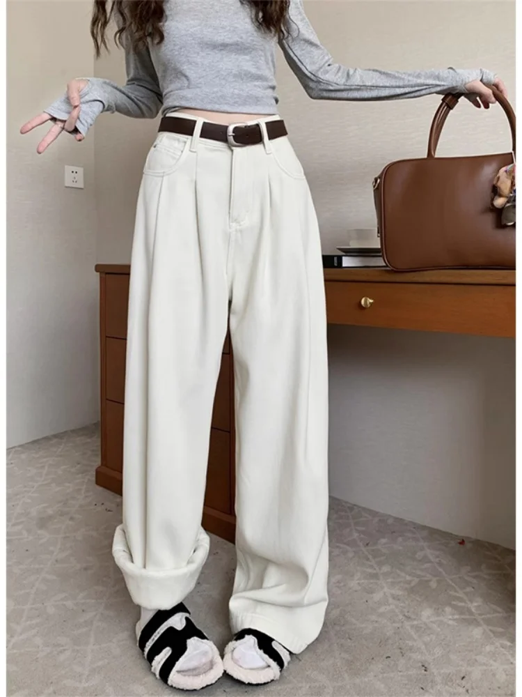 حجم كبير Fce اصطف ثي الدنيم السراويل النساء الشتاء الكمثرى aped الجسم فضفاض سليم عالية الخصر مستقيم الساق واسعة الساق بنطلون