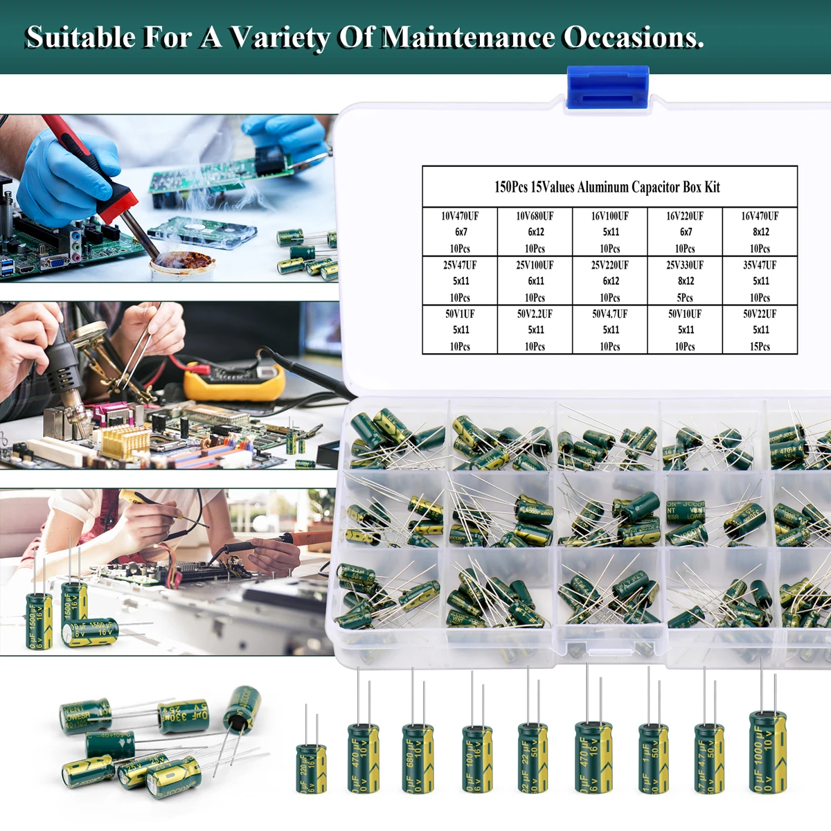 150Pcs/Box JCCON Aluminum Electrolytic Capacitor Kit 15Values 10-50V Capacitors Assorted Kit Repair DIY High Frequency Low ESR