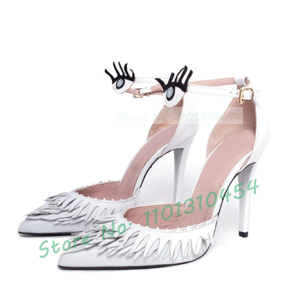 Eye Decal White Sandals Women Fashion Carved Wings Fringes Pointy High Heels Shoes Ladies Summer Chic Fun Goose Shape Sandals