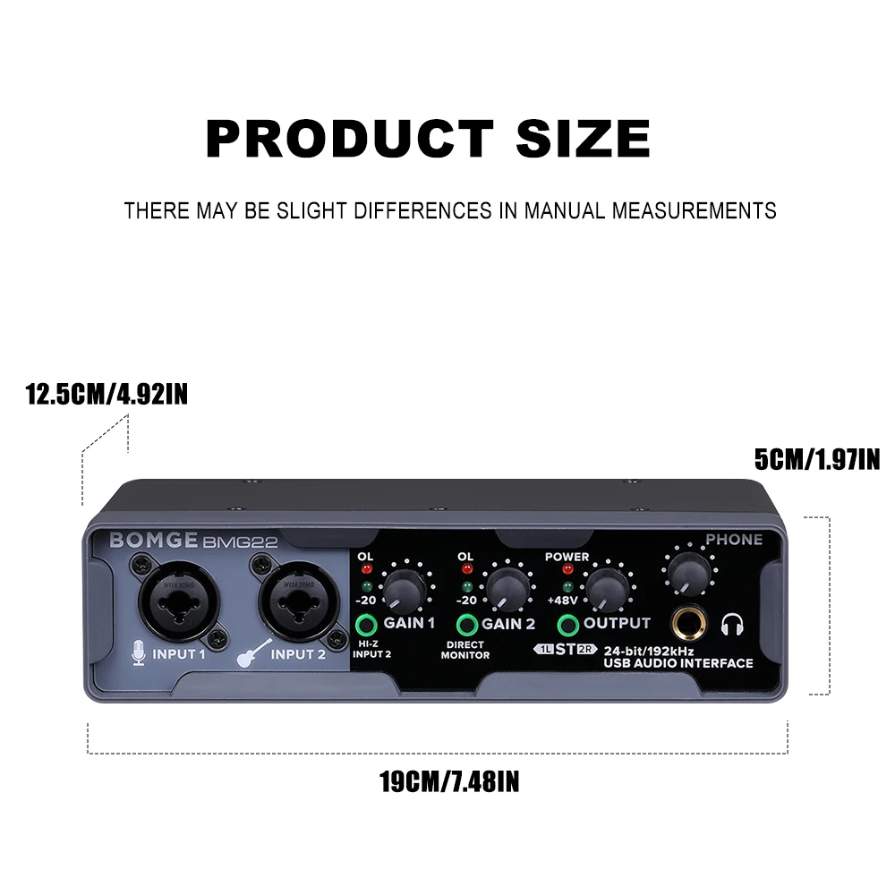 بطاقة صوت بومجي ميكسر ، 24 بت ، 192 كيلو هرتز ، واجهة صوت USB ، 48 فولت طاقة فانتوم ، حافظة معدنية للجيتار ، المطربين ، البودكاستر