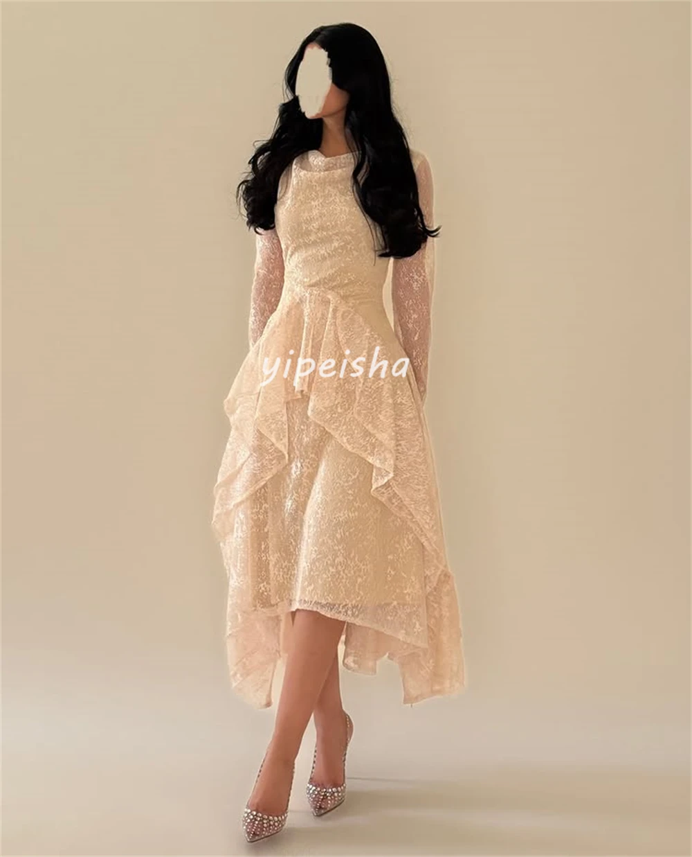 Customized Modern Style Women Ruched Pleat A-line Evening Dresses High Quality Fashion O-Neck Long Sleeves Knee Length Dresses image 3