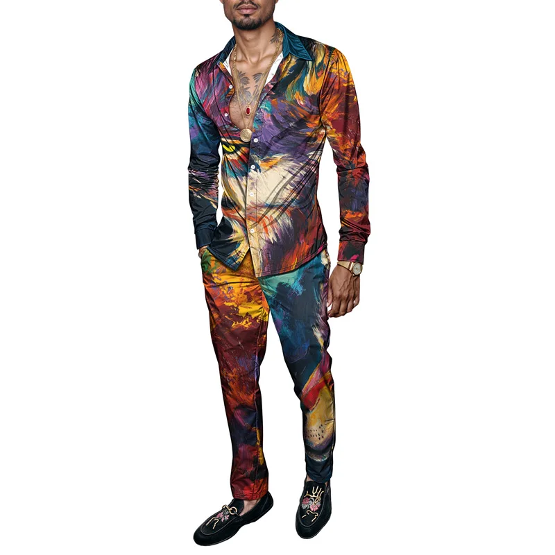 

2026 Spring Summer Men's Shirt Modern Wolf Print Starlight Sky Pattern 2 Piece Set Long Sleeve Suit Comfortable and Fashionabl