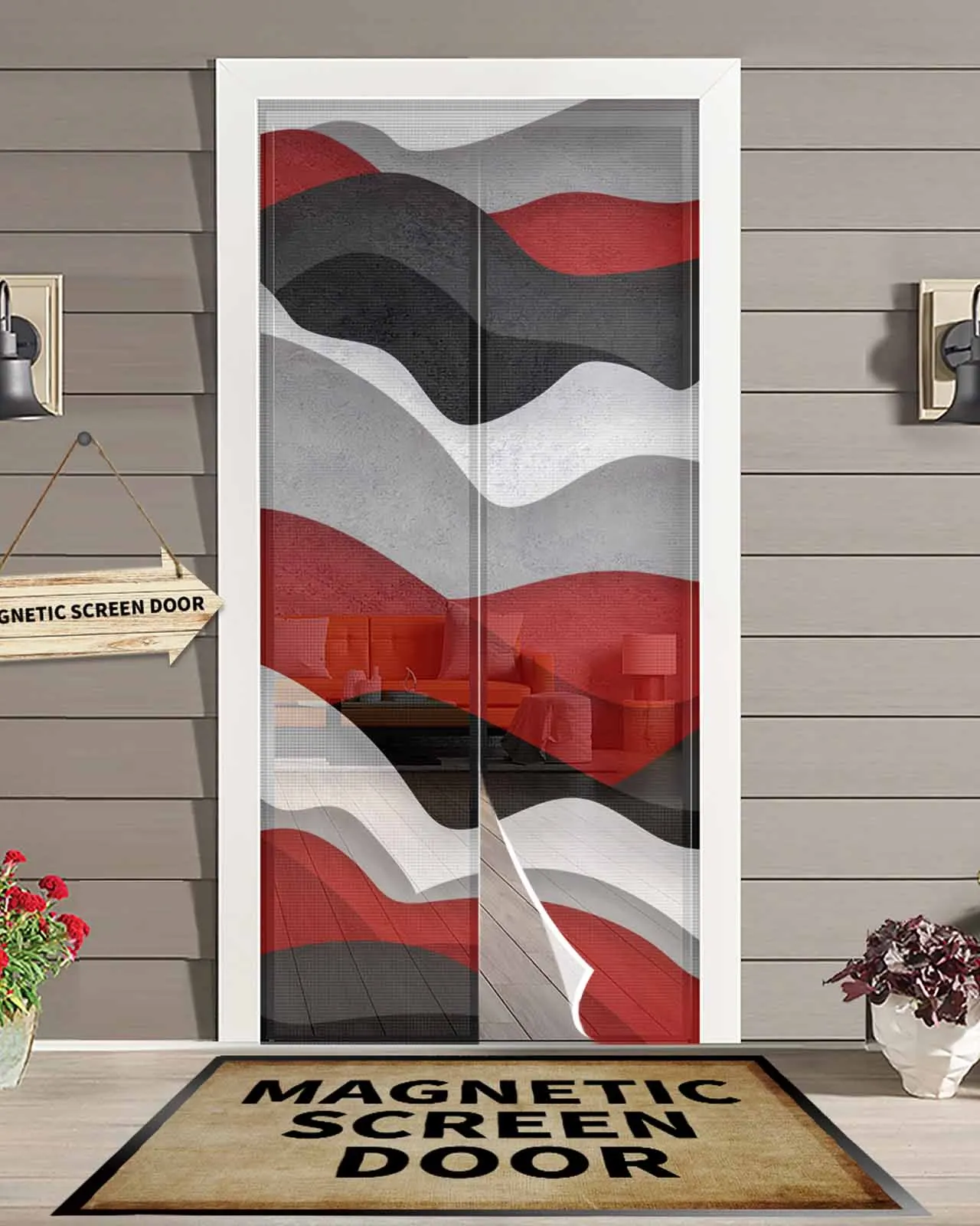 Waves Black Red Gradient Summer Magnetic Door Curtain Living Room Bedroom Home Anti-mosquito Screen Door Curtain