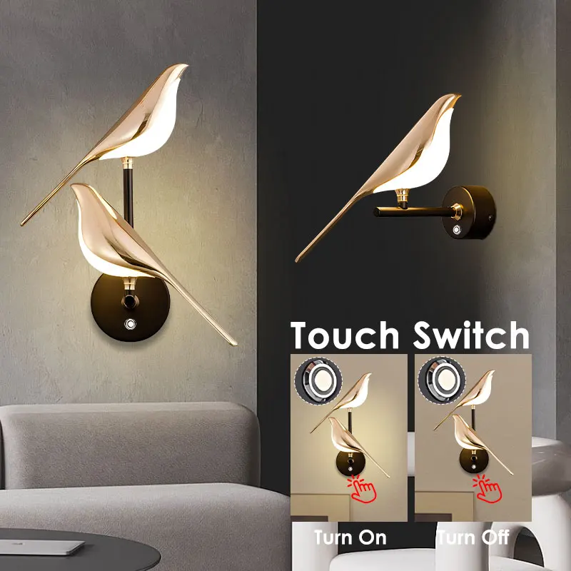 360° Rotatable Magpie Bird Wall Light Touch Switch Wall Sconce For Kitchen Corridor Bedside Nordic Golden Silver LED Wall Lamps