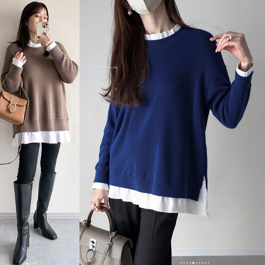 

2025 Autumn Winter Fake Two-piece Knitted Spliced Pullover Sweater Women Korean O-Neck Long Sleeve Casual Loose Sweaters Jumpers