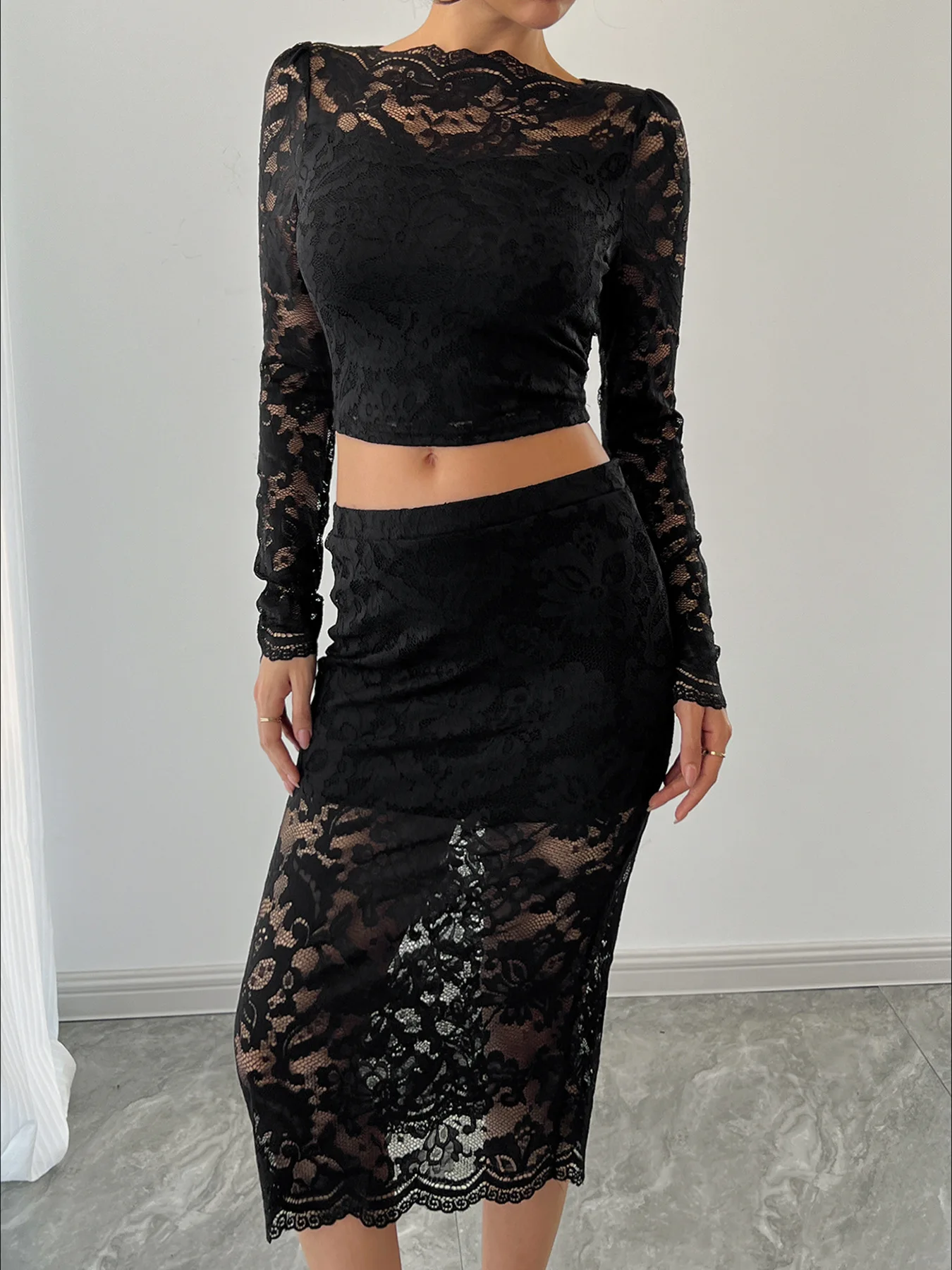 

New Women Summer Lace Outfits Sheer Crop Long Sleeves Tops and Elastic Midi Skirt Set for Streetwear Aesthetic Clothes S M L