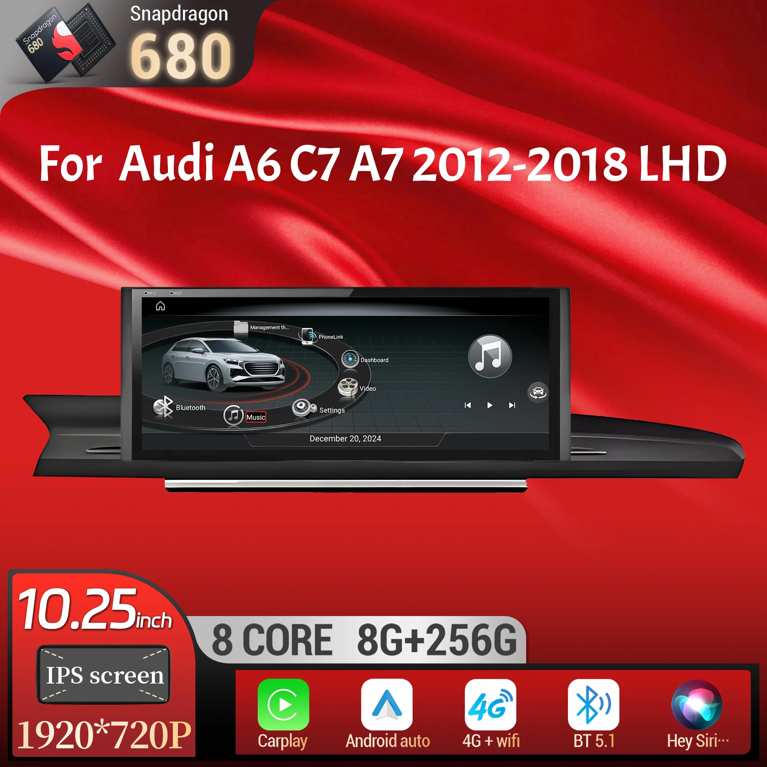 10.25 inch Left Hand Drive Android 13 For Audi A6 C7 A7 2012-2018 Car Radio Wireless BT Carplay Qualcomm Snapdragon 680 Screen