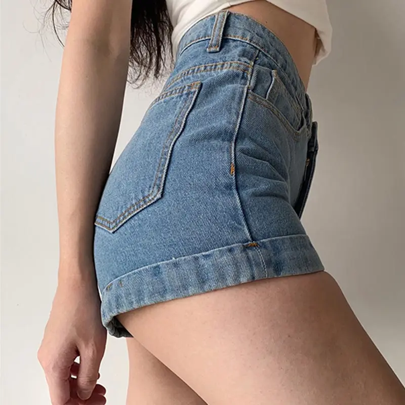 High Waist Crimping Denim Shorts for Women Summer Blue Retro Curled Wide Leg Hot Pants Casual Jeans Slim Fit Y2K Clothing