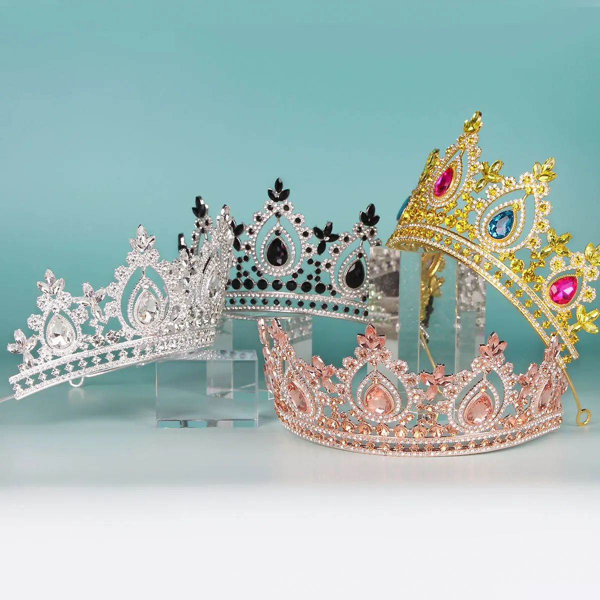 Green Quinceanera Pageant Crown Diadem, Wedding Tiara for Bride, Gold Princess Tiara