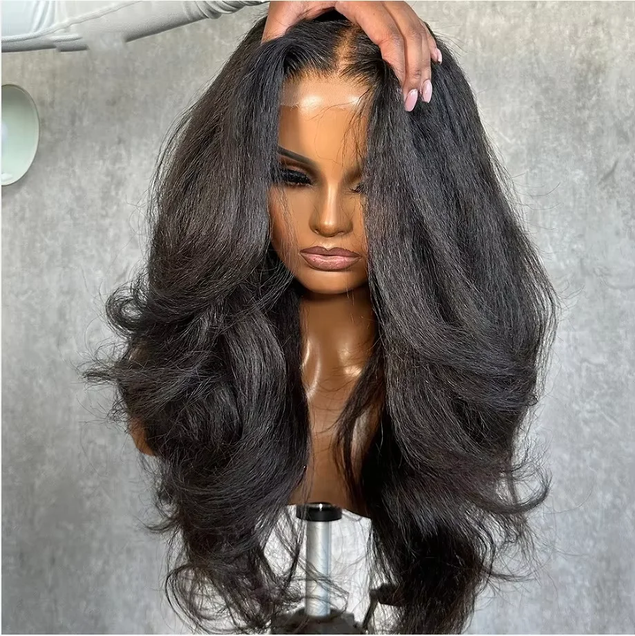 Soft Yaki Body Wave Preplucked Black Color 26Inch 180Density Kinky Straight Wavy Lace Front Wig Synthetic Baby Hair Glueless