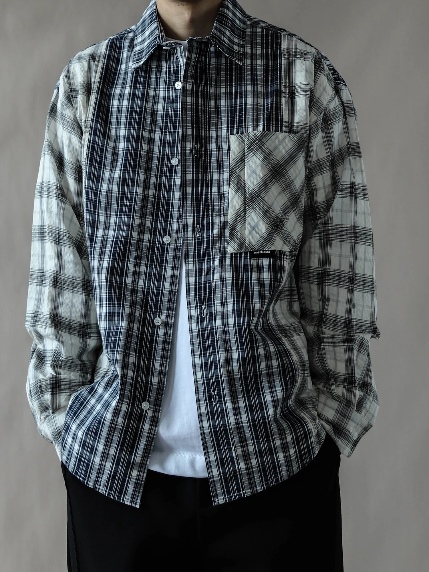 

Мужская рубашка премиум-класса из хлопка с клетчатыми вставками, свободного кроя, с длинным рукавом, отложным воротником, больших размеров, для весны и осени, синяя, с узором