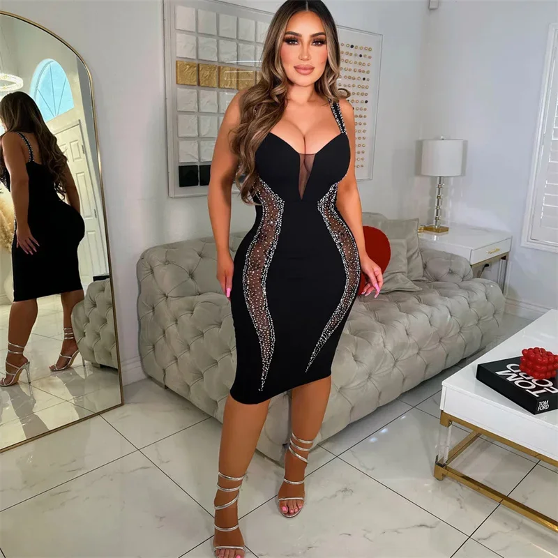 Sexy Spaghetti Band V-hals Bandage Bodycon Jurk Vrouwen Elegante Mesh Patchwork Diamanten Cocktail Party Jurken Vestidos Midi