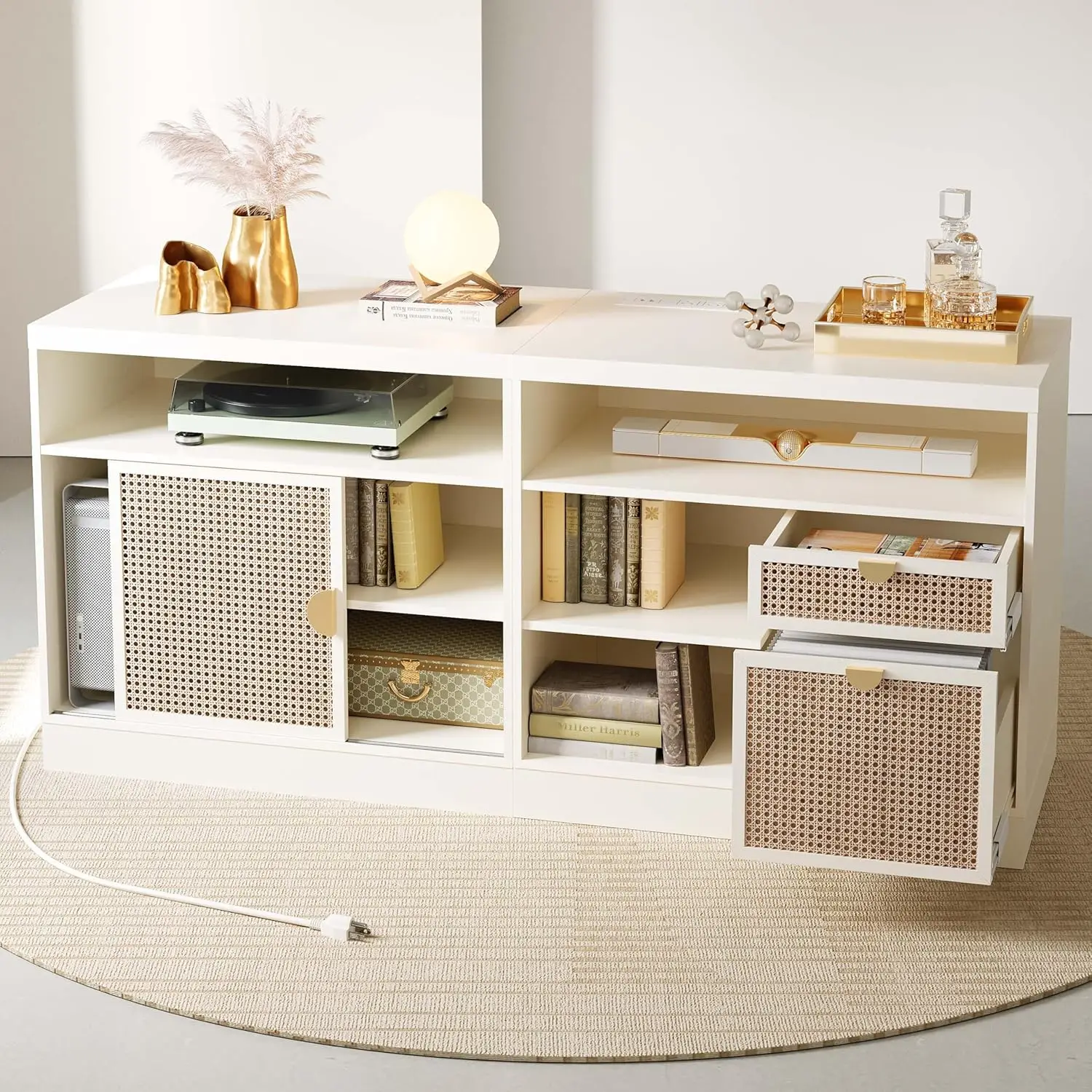 

Шкаф для документов с 2 выдвижными ящиками, 63 дюйма, деревянный, с замком, регулируемыми полками, раздвижными дверцами, USB/AC-портами, для форматов Letter/A4, ротанг, на заказ