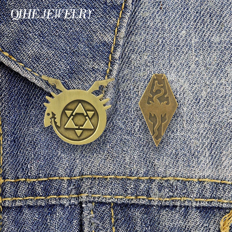 Manga Dragon Alchemy Symbol Badge Enamel Pins Retro Hexagonal Star Ouroboros Metal Brooch Bag Lapel Badge Fashion Jewelry Gifts