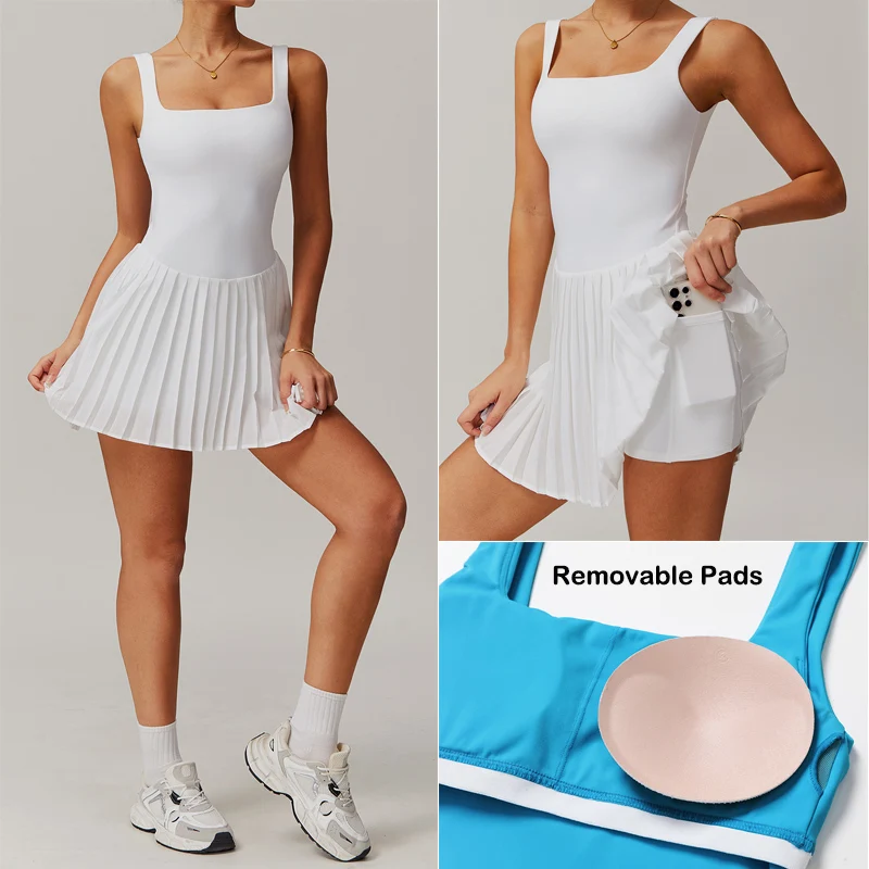 VITALINOVO Workout Tennis Dress with Built in Shorts Square Neck Padded Workout Dress with Pockets Golf Athletic Mini Dresses image 5