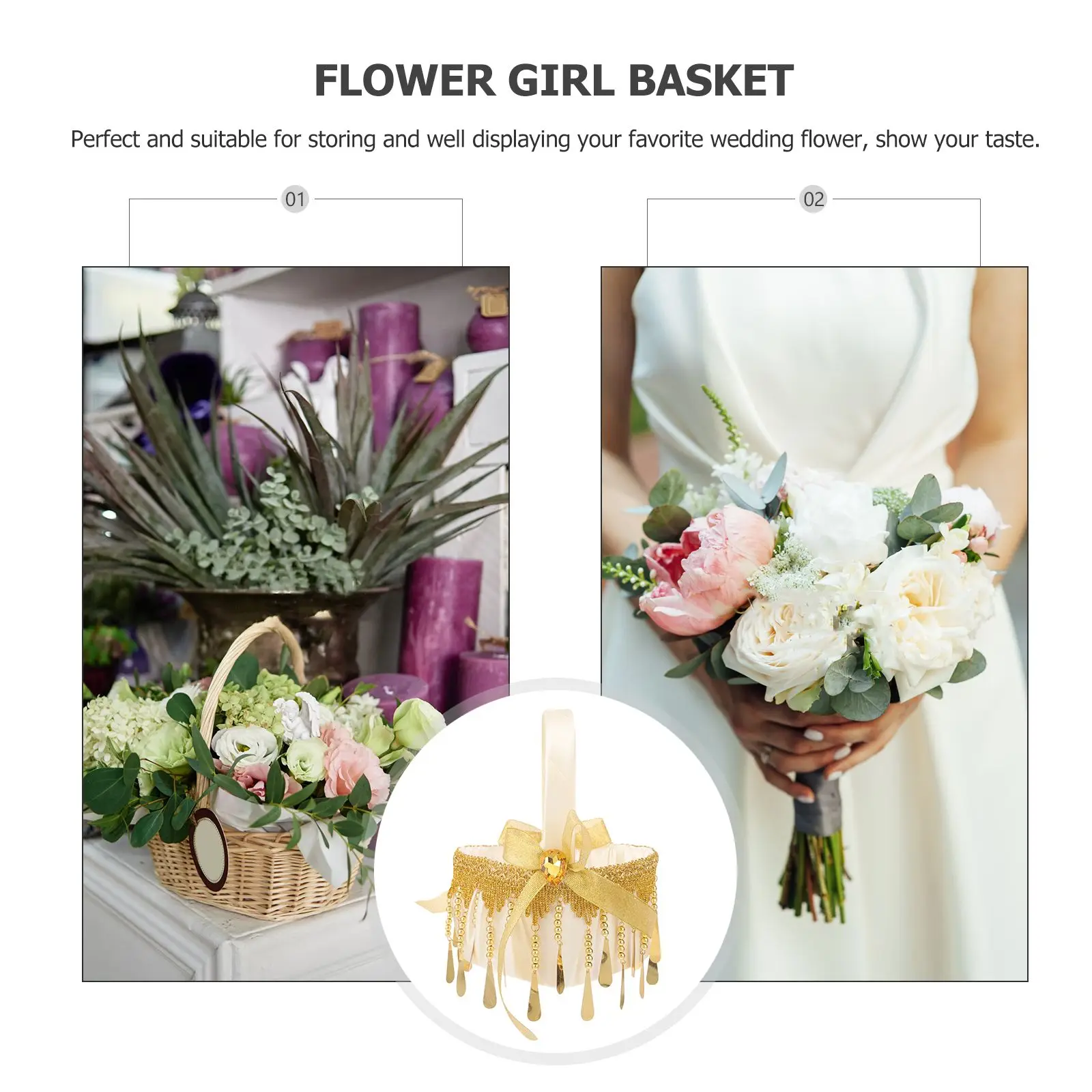 Petit panier de fleurs doré, cadeau de mariage, paniers de rangement portables en rotin rustique, accessoires de fête de mariage, panier de fleurs pour fille