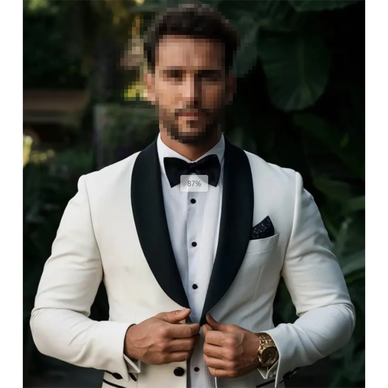 High Quality Men Suits White Blazer Black Pants 2 Piece Single Breasted Shawl Lapel Slim Fit Male Clothing Costume Homme Terno