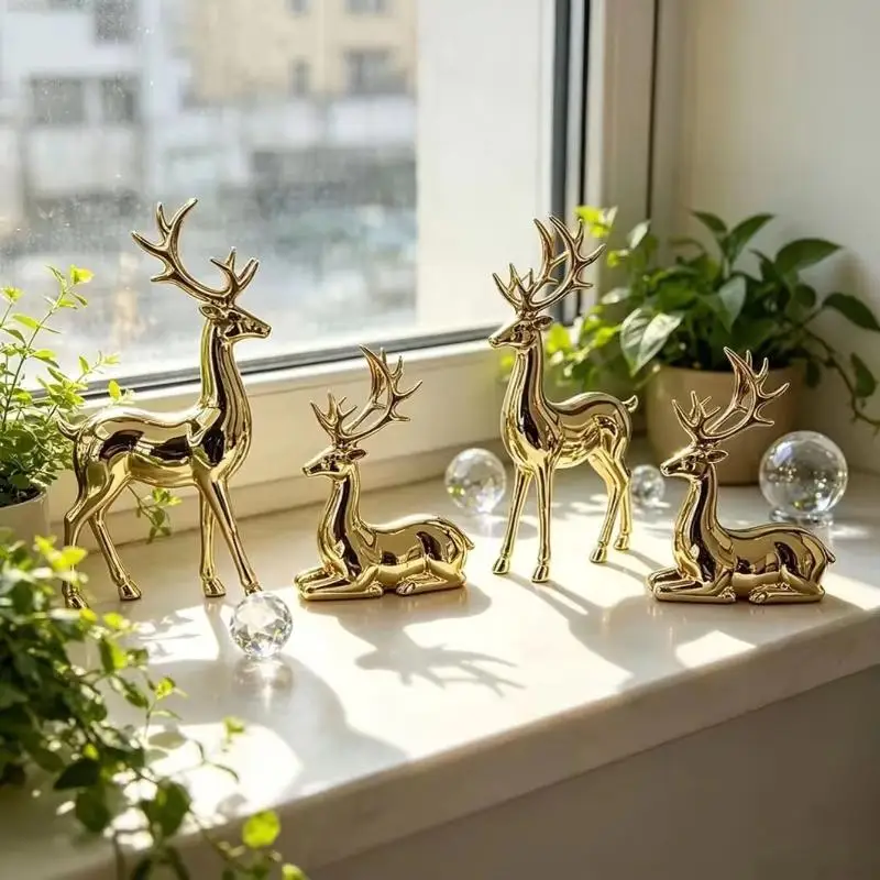 Reindeer Ornament Set 2Pcs Gold-Plated Standing And Lying for Christmas Kids Room Nursery Festive Decor