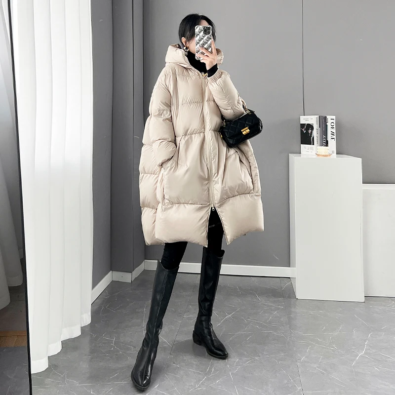 Black Women Bread Down Jacket 2023 Winter New Fashion Hooded Thicken White duck down Coat Loose Casual Female Parkas Overcoat