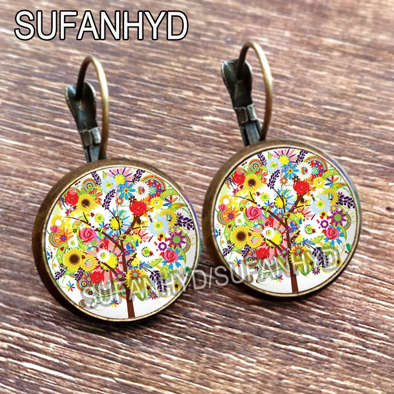 Colorful Tree Stud Earring for Women Vintage Bronze Color Leaf Glass Cabochon Tree of Life Earrings Jewelry