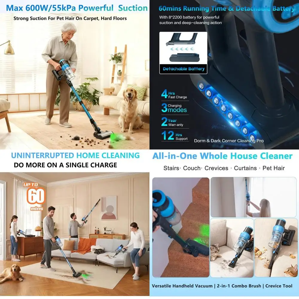 

Мощный и легкий беспроводной пылесос мощностью 580 Вт, 55 кПа на 60 минут, идеально подходит для дома, шерсти домашних животных и различных полов.