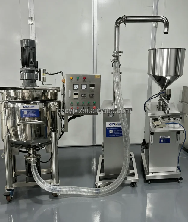 301L Movable Cheap and Fine Stainless Steel Flat Mouth Heating Mixing Pot with Homogenizer for Cosmetics