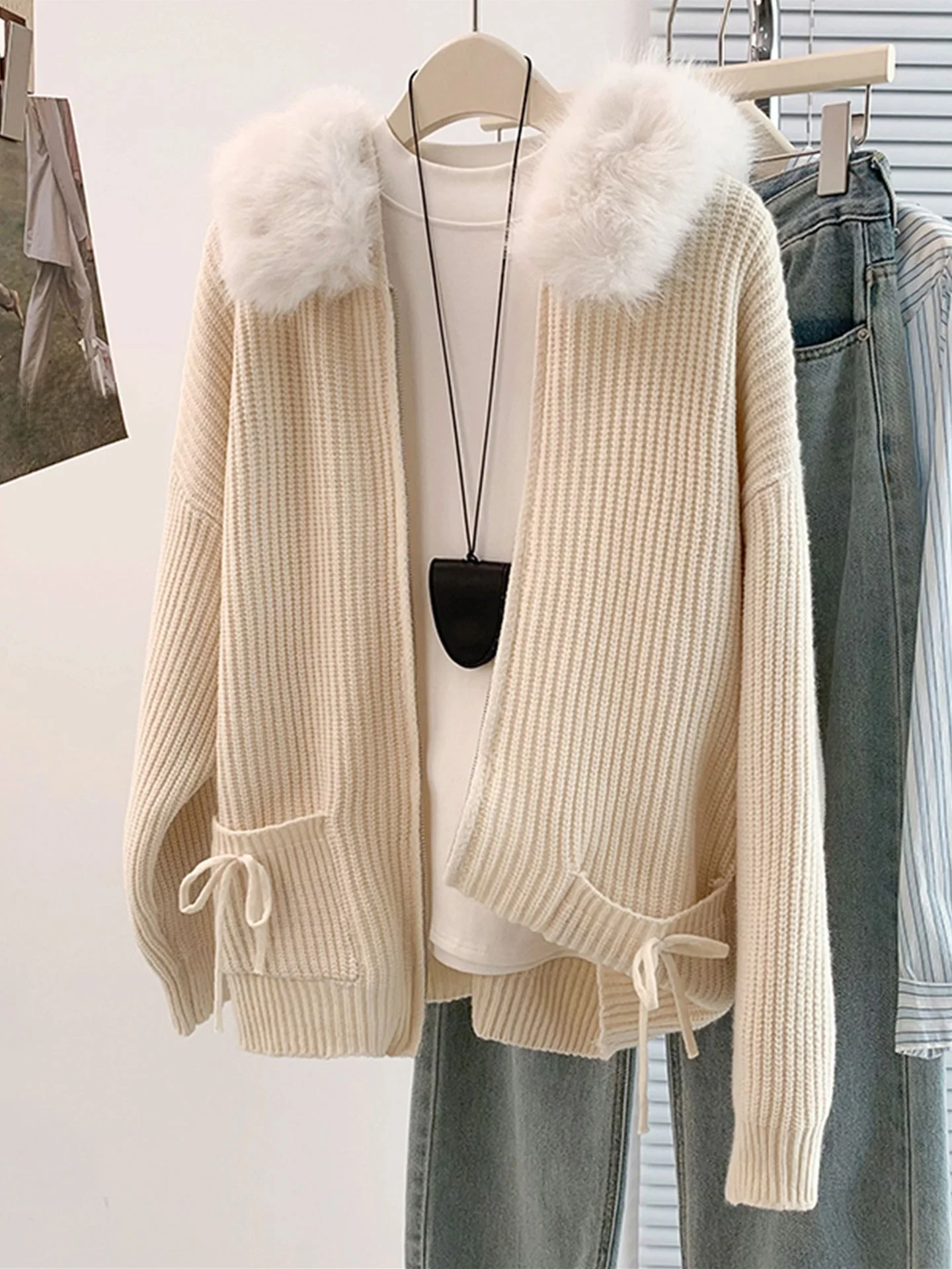 

Женский вязаный кардиган больших размеров с меховым воротником и капюшоном, повседневный, на двойной молнии, для осени и зимы