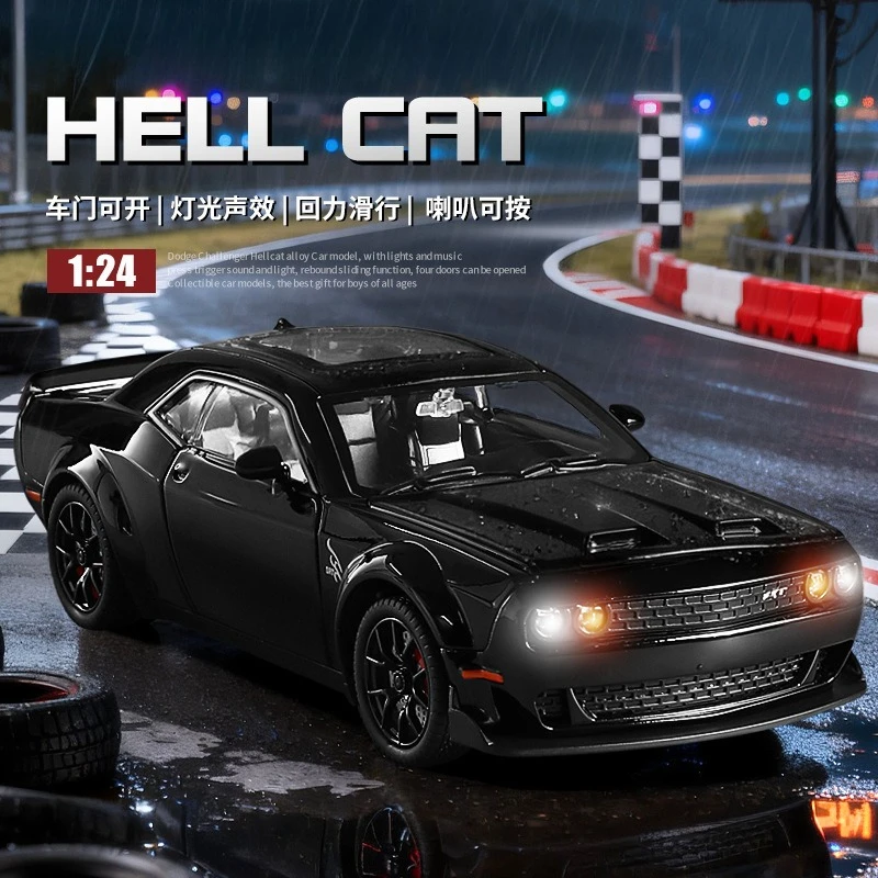 

1:24 Challenger SRT Hell Cat модель спортивного автомобиля из сплава с откатным звуком и светом, модель гаража, коллекция выставок для мышечных автомобилей