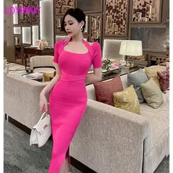 French vintage knit halterneck dress women's new slim sexy short sleeve split in summer