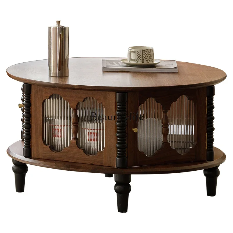 

01French retro all solid wood medieval North American black walnut round coffee table