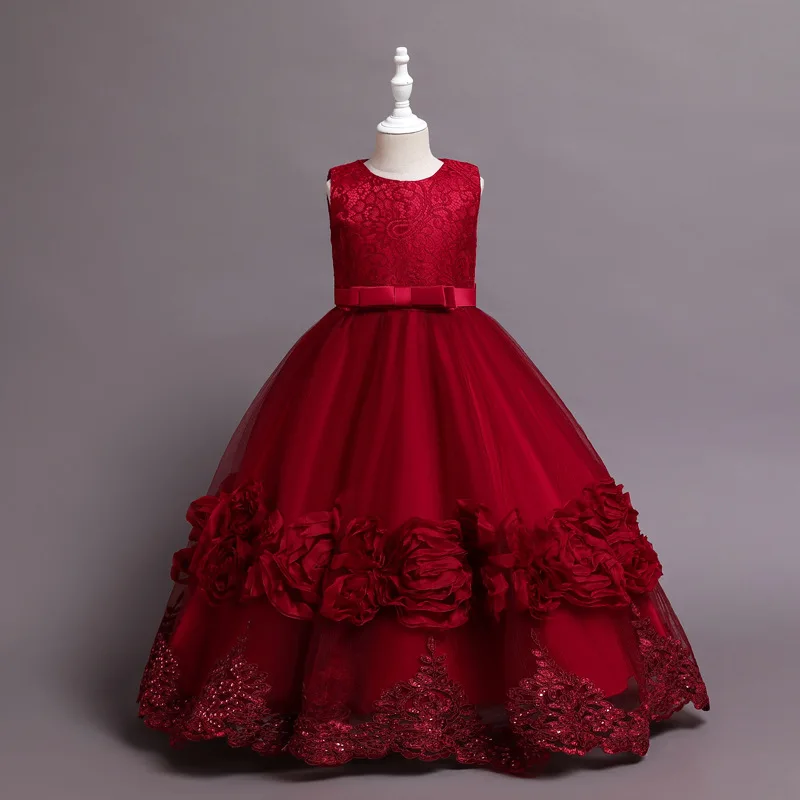 

Perfect Girl Kid Sleeveless Lace Bodice Tulle Ball Gown Dress Layered Flower Detailing Bow Accent Children Graceful Party Skirt
