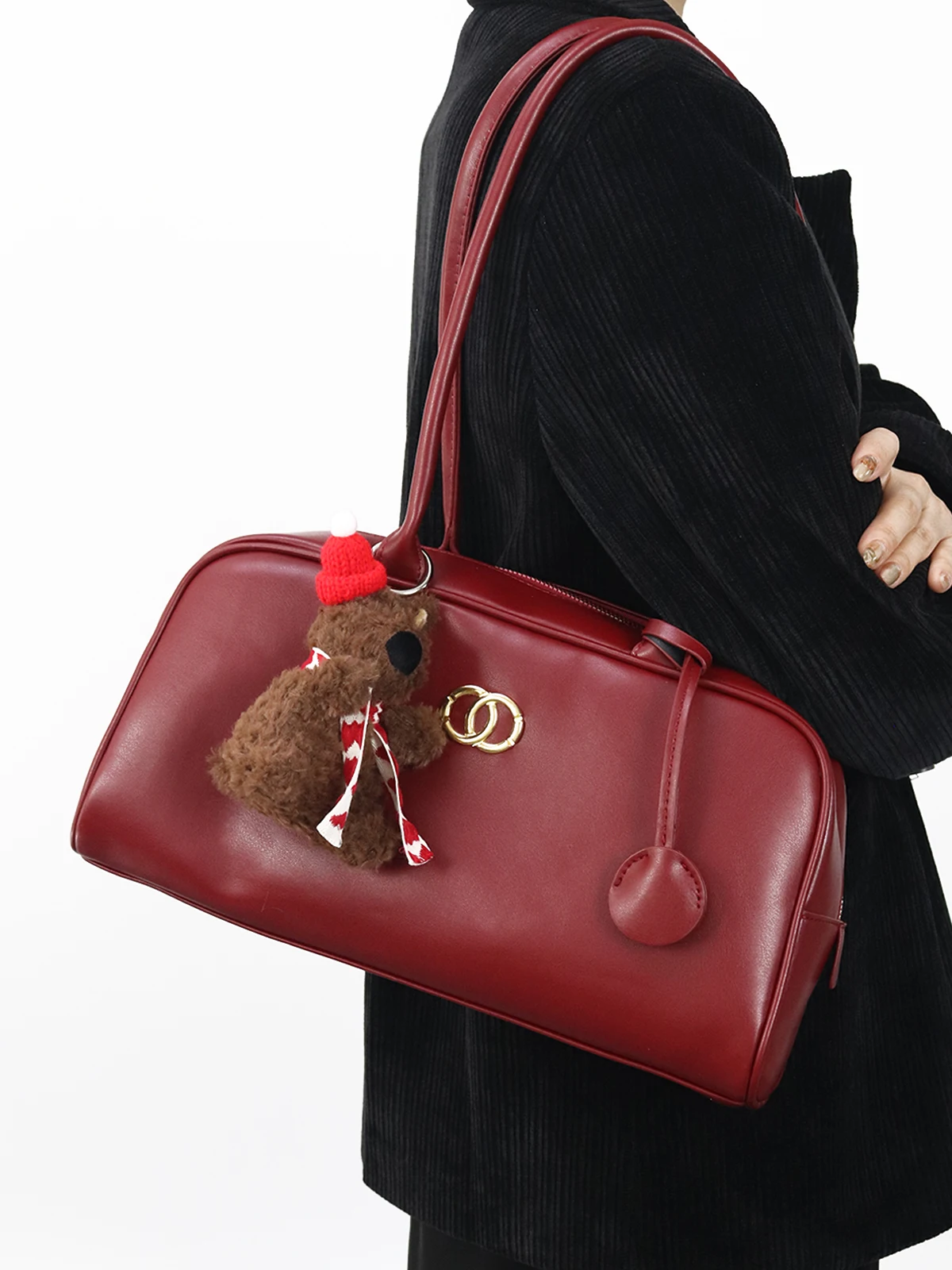 Red Boston Shoulder Bag Women's Commuter Bag High Quality Luxury Bride Wedding Bag Soft PU Leather Rectangular Shape Zipper C...