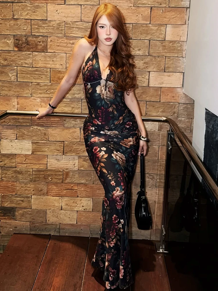 Weird Puss Sexy Rückenfreies Langes Kleid für Damen mit Blumenmuster, Schnürung, Neckholder, Tiefer Ausschnitt, Ärmellos, Mitternachts-Abendkleid, Elegantes Vestido – Detail 12