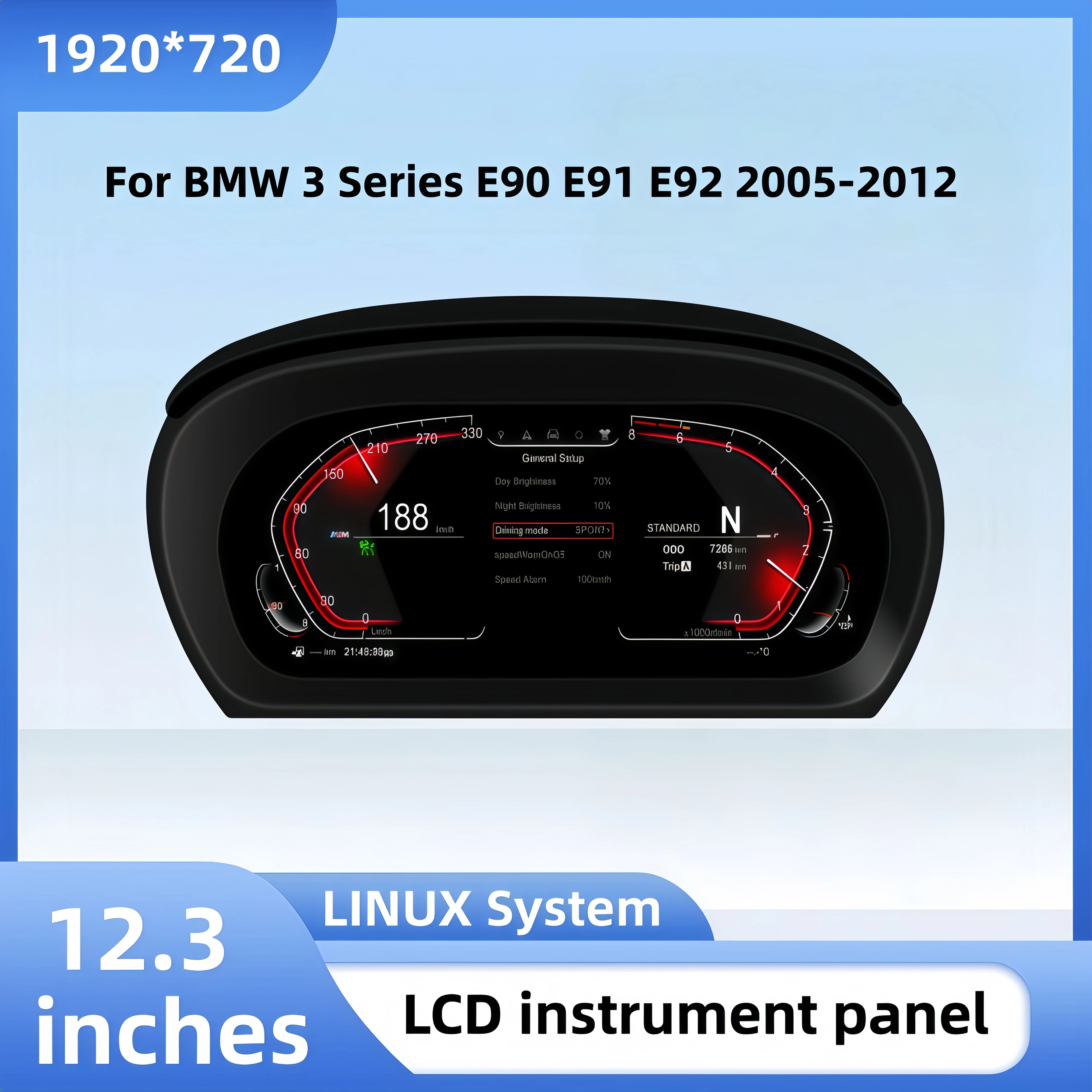 12.3-inch Digital Dashboard For BMW 3 Series E90 E91 E92 2005–2012 Supports Android Auto and CarPlay