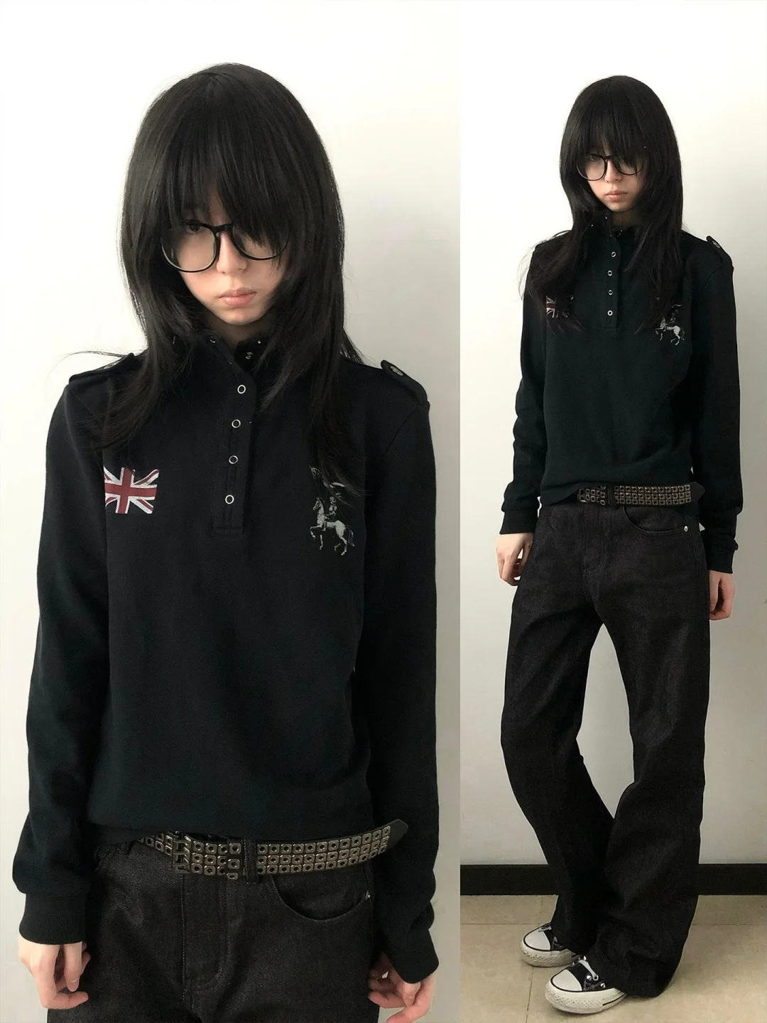 Retro American Stripe Flag Shoulder Patch Long Sleeve T-Shirt Women's Spring Autumn Street Couple Base Shirt Top Casual Style