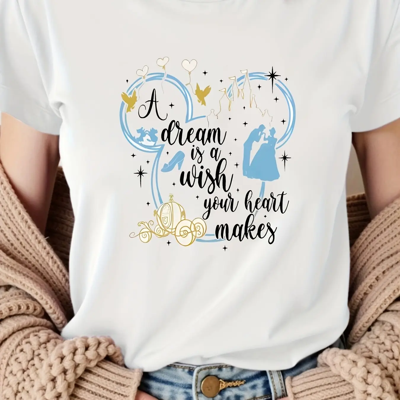 

2025 Summer New Bestseller Cinderella Short Sleeve Loose Breathable Women's Round Neck Cotton T-shirt Large Size