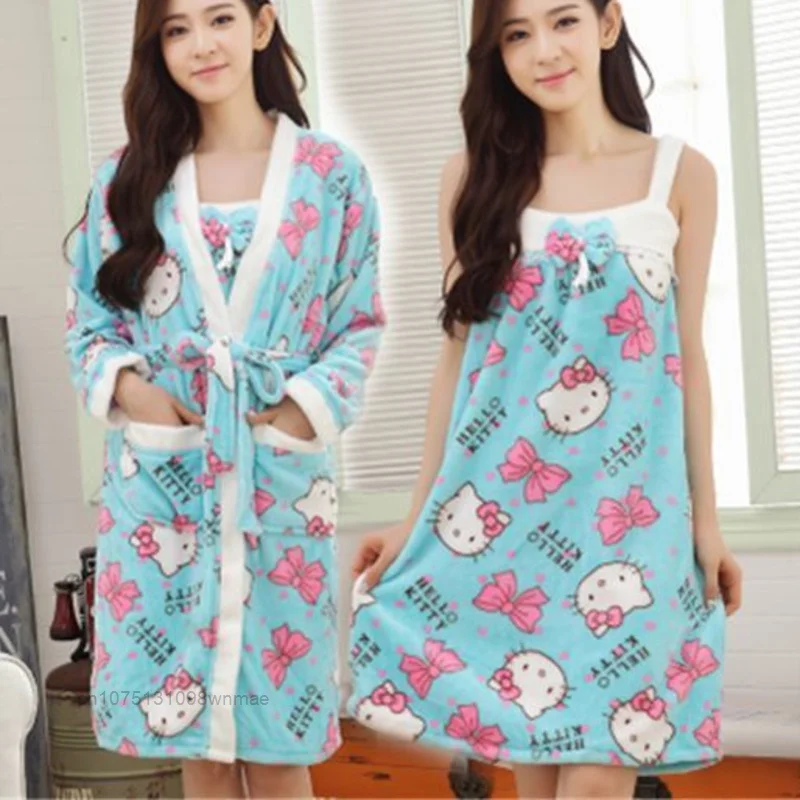 Sanrio Hello Kitty Cute Plush Fluffy Sleeping Robe and Skirts Women\'s Autumn Coral Velvet Pajama Dress Sleeping Bathrobe Set